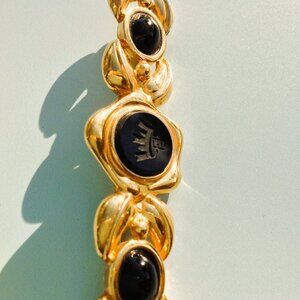 Fendi Brooch Victorian Revival Bar Rhodium Gold Intaglio Logo + Onyx Cabochons